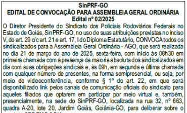 EDITAL DE CONVOCAÇÃO PARA ASSEMBLEIA GERAL ORDINÁRIA - Edital nº 02/2025